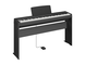 Diagonal side view of the P-143BTB (black model) in combination with the optional stand and sustain pedal
