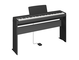 Diagonal side view of the P-145BTB (black model) in combination with the optional stand and sustain pedal