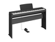 Diagonal side view of the P-143BTB (black model) in combination with the optional stand and metal sustain pedal