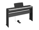 Diagonal side view of the P-145BTB (black model) in combination with the optional stand and metal sustain pedal