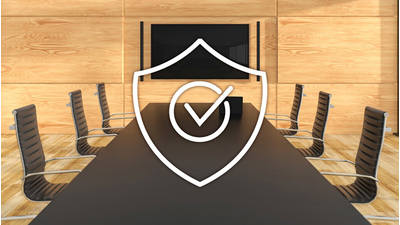 Illustration of a secure meeting room with a security icon, representing Enterprise Security and Smart Management