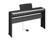 Diagonal side view of the P-145B (black model) in combination with the optional stand and sustain pedal
