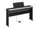 Diagonal side view of the P-225B (black model) in combination with the optional stand and sustain pedal